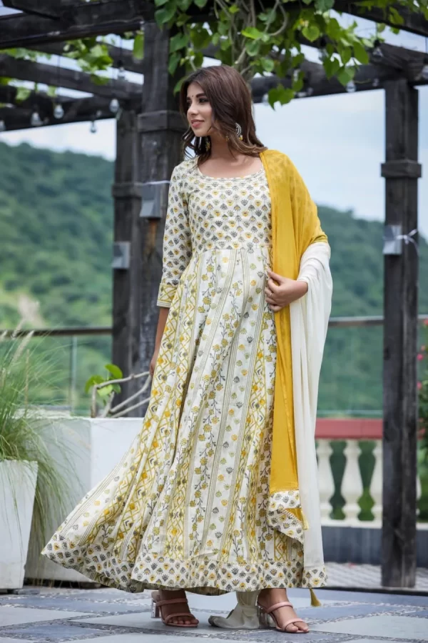 Yellow Floral Long Dress with Dupatta – A Perfect Fusion of Elegance and Comfort | Pure Cotton Kurtis